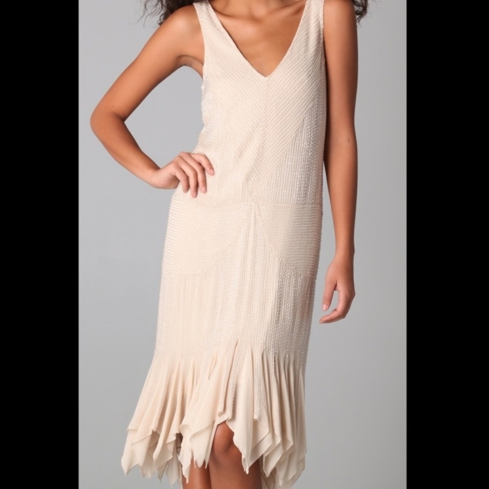 Gryphon Nude Flutter Fancy Hand Beaded Fairy Sleeveless Midi Dress NWT XS